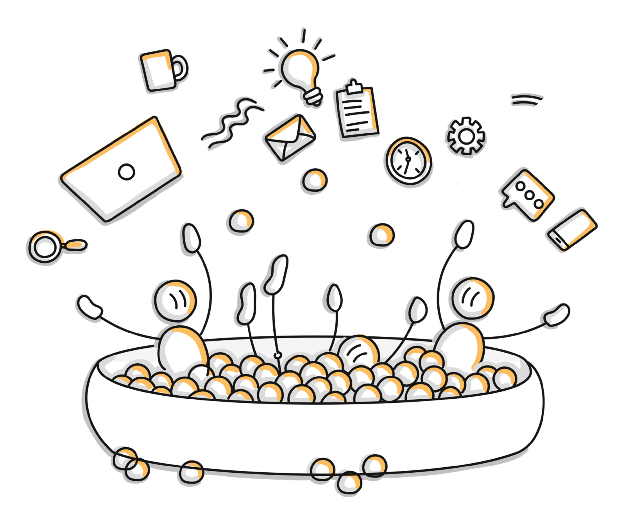 Three doodle people in a playful ball pit throwing their laptop, phones, emails, and other work items into the air
